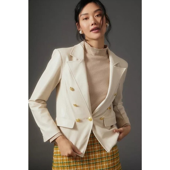 Anthropologie Jackets & Blazers - NWT By Anthropologie Nico Faux Leather Double Breasted Blazer Size XXS Ivory
